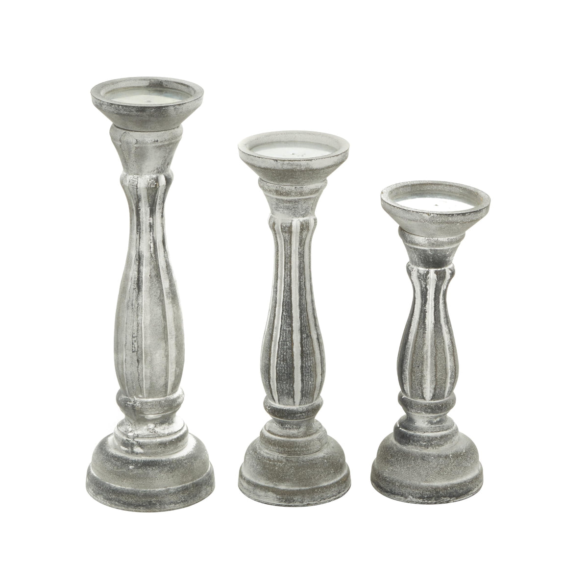Deco 79 Wooden Decorative Candle Holder Distressed Turned Candle Stand, Set of 3 Candlestick Holder 15", 13", 11"H, Gray