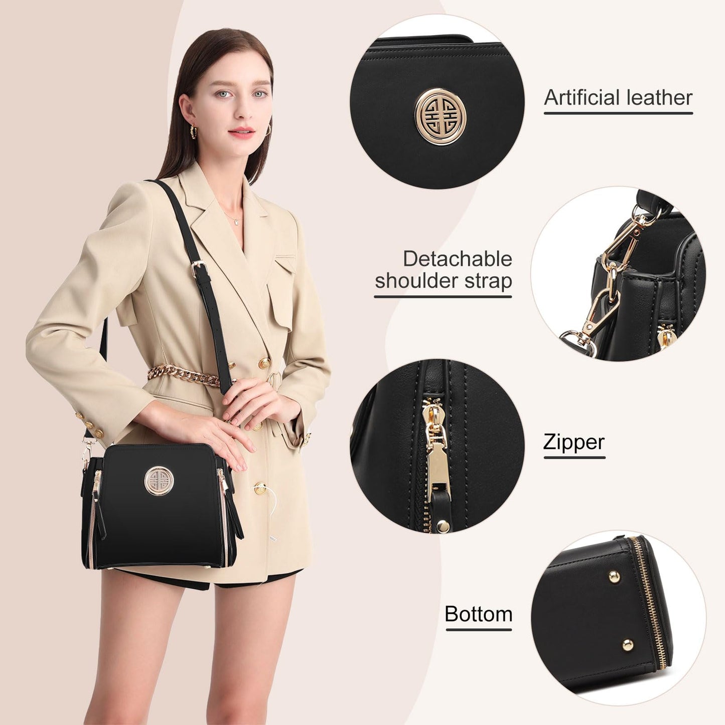 Miss Lulu Handbags for Women Cross Body Bag Girls Fashion Shoulder Bag PU Leather Top Handle (Black)