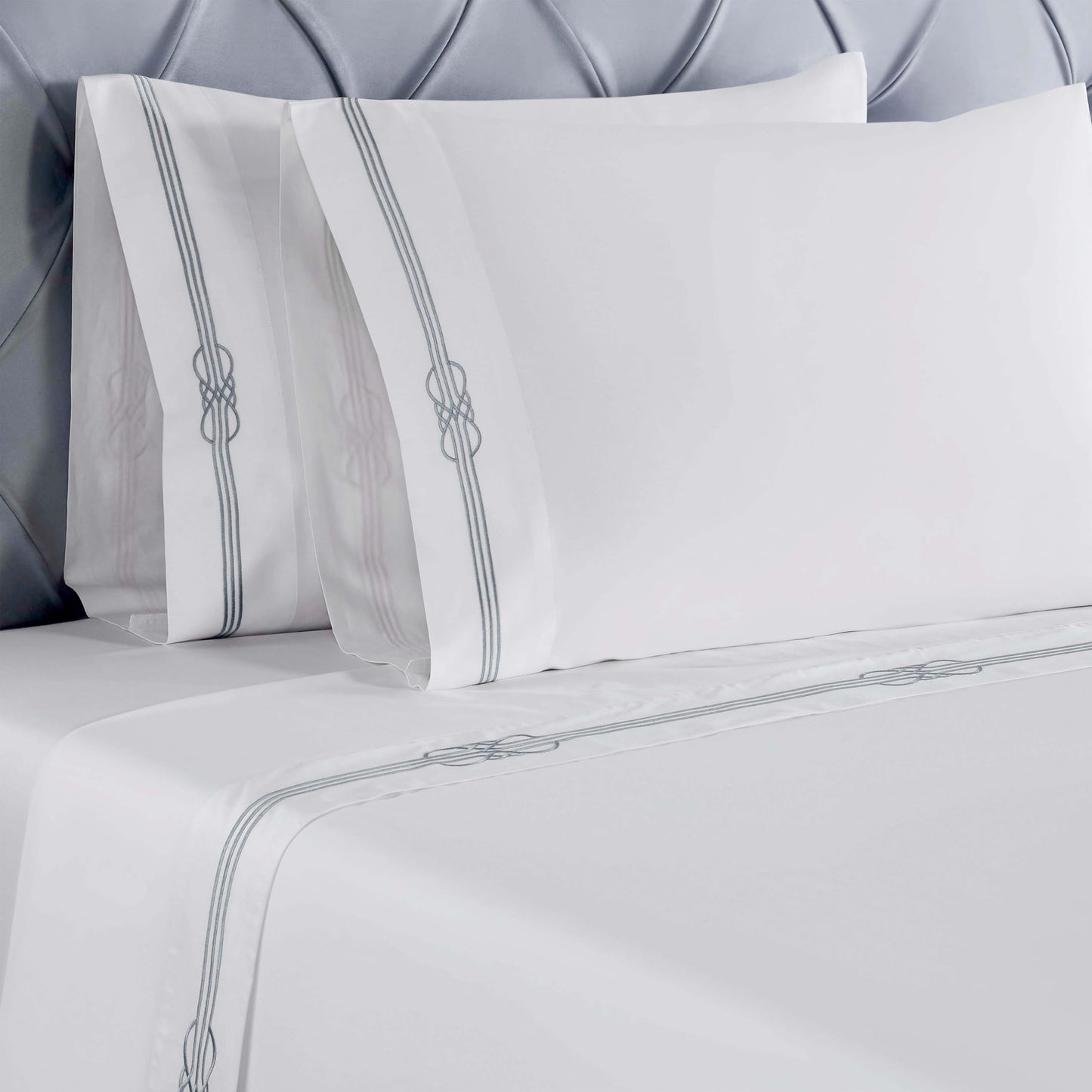 Superior Embroidered Cotton Bed Sheet Set, 1 Elastic Deep Pocket Fitted Sheet, 1 Flat Sheet, 2 Pillowcases, Daily Soft Sheets, Luxury, Elegant Design, Moonlawn Collection, Queen Size, White/Silver