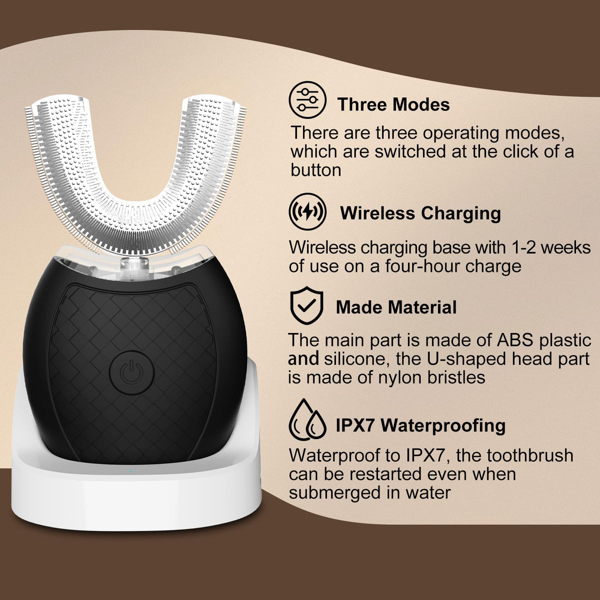 Magentak Ultrasonic U-Shaped Toothbrush for Teeth Whitening, Electric Toothbrush for Adults 360-degree Cleaning,3 Brush Heads, Wireless Charging and IPX7 Waterproof Kit for Travel or Home(Black)