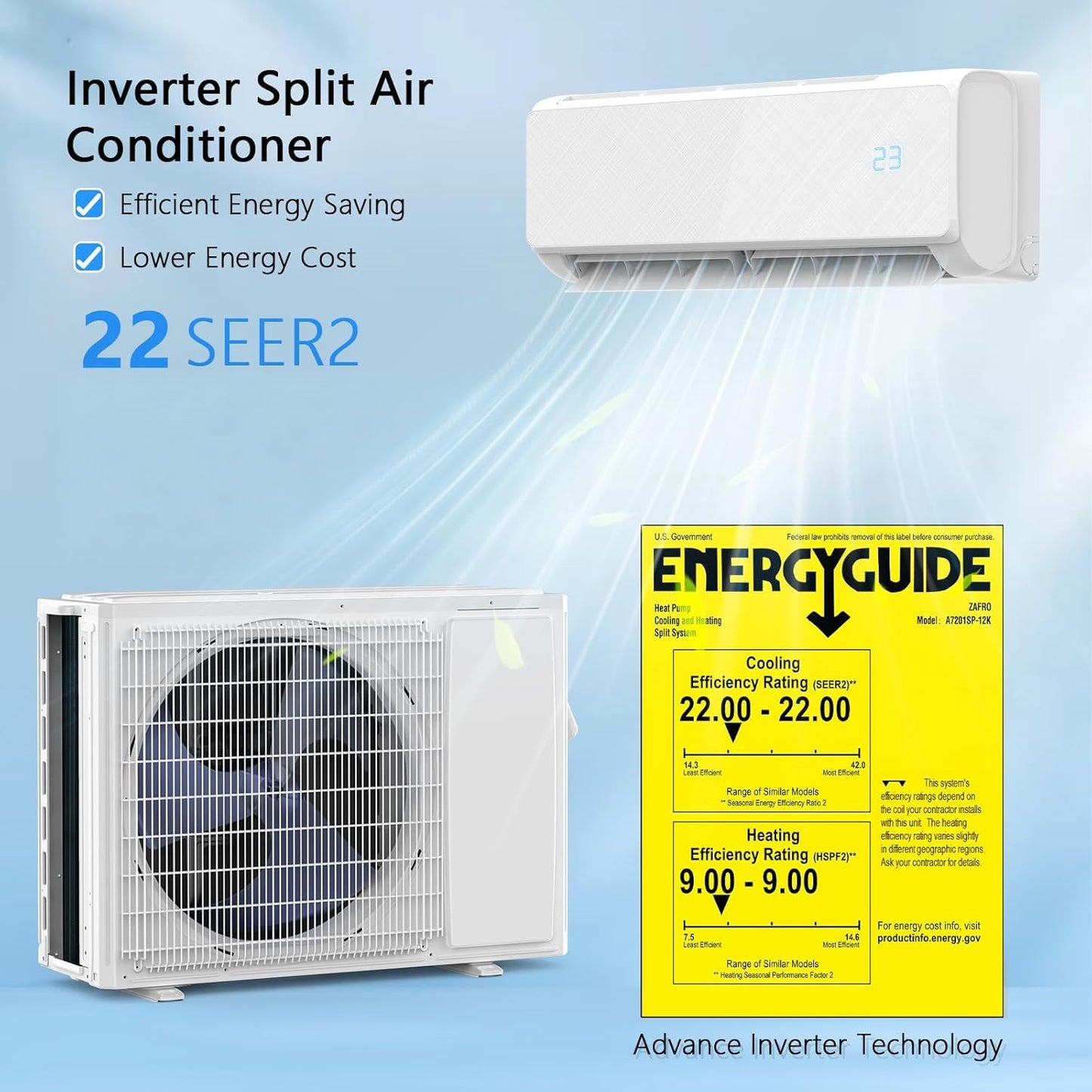 12000 BTU Mini Split Air Conditioner Heat Pump 115V with Installation Kit - 22 SEER2 Ductless Inverter AC Unit, Wi-Fi Smart Control, Quiet, Cools and Heats 750 Sq.Ft