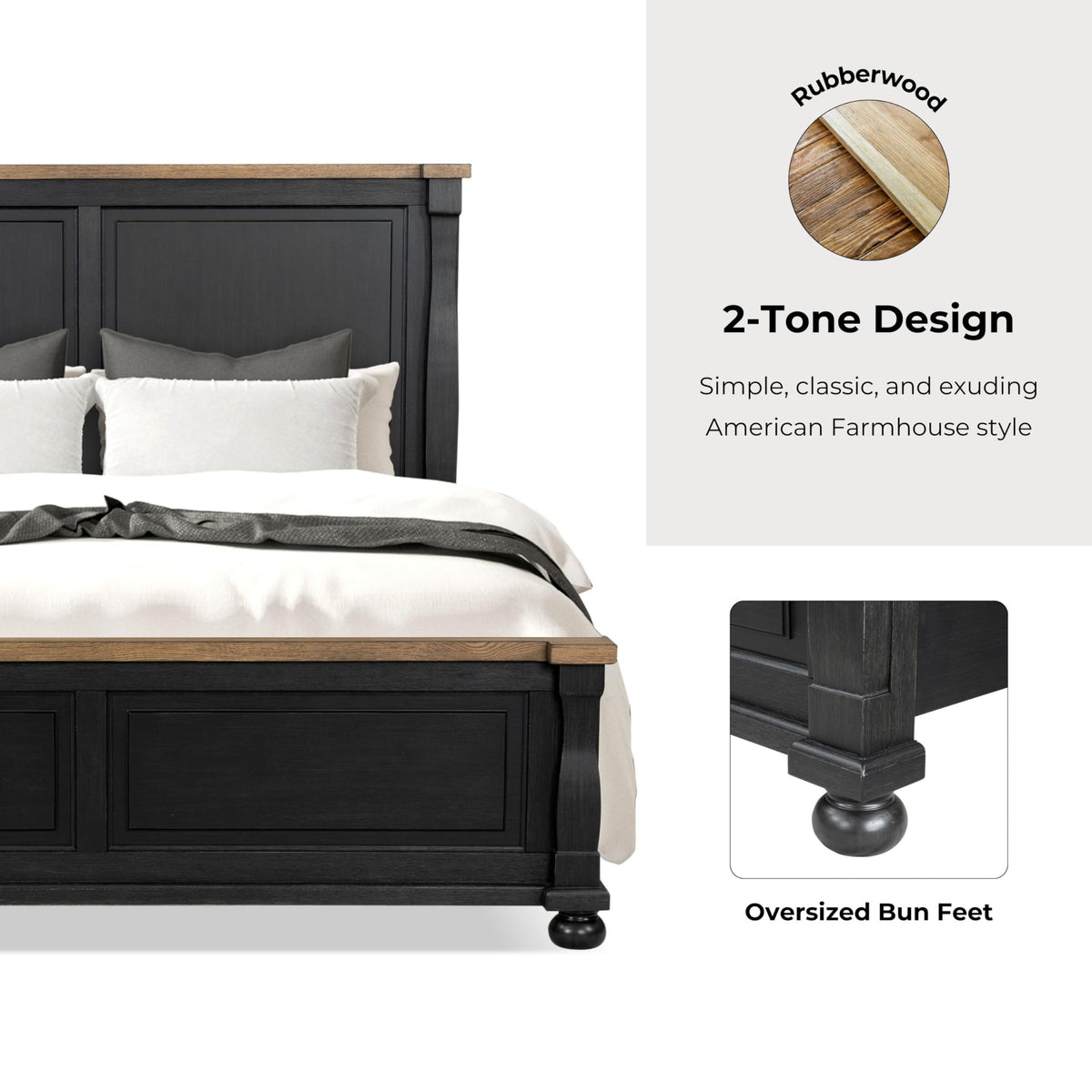 Furniture of America Narella Modern Farmhouse Solid Wood Bed Frame with Panel Headboard, Wooden Bedframe for Bedroom, Guest Room, Box Spring Required, Black/Rustic Oak, Queen