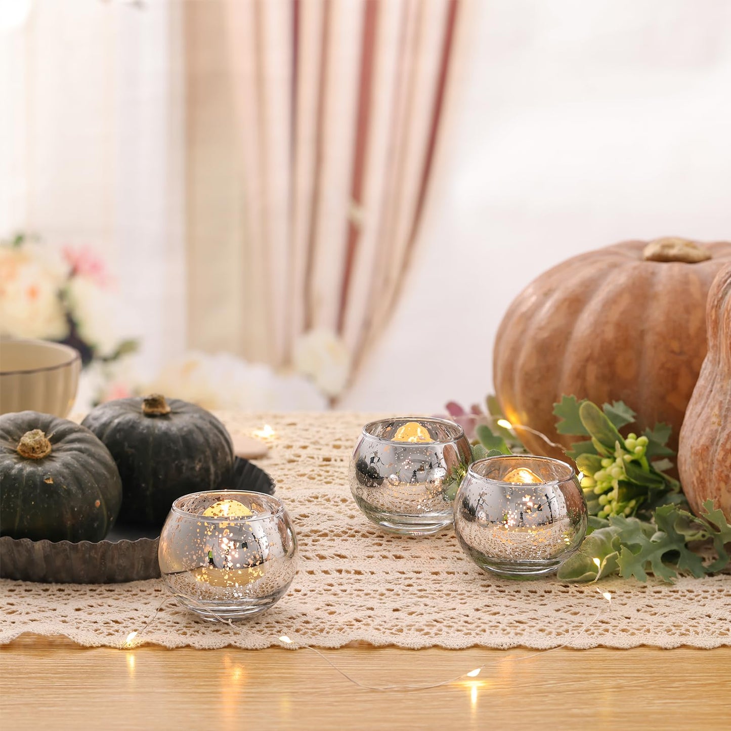 Volens Round Silver Votive Candle Holders, Mercury Glass Tealight Candle Holder Set of 12