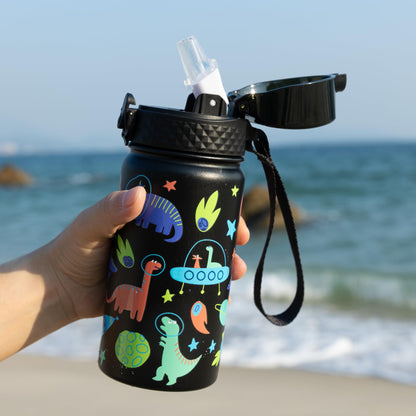 GOPPUS Kids Water Bottle (Straw Lid) - 14 Oz Stainless Steel Travel Bottle, Double Wall Vacuum Leak Proof Kids Cup for School Boys Girls,Space dinosaur