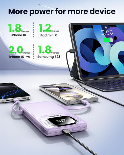 Portable Charger with Built-in Cables,22.5W Super Fast Charging Power Bank Slim Phone Charger,10000mAh Travel Battery Pack Battery Bank with Smart LED Display for iPhone, Android & USB-C Devices