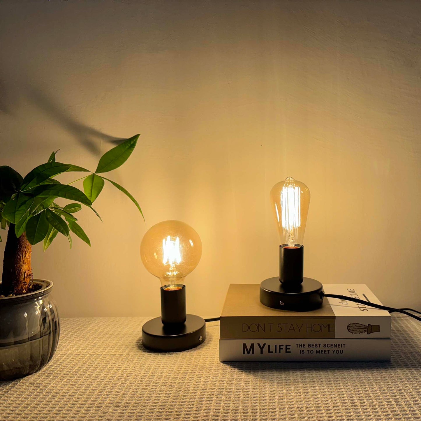 atiyoc Black Polished Metal Desktop Lamp Base, Small Industrial Table Lamp Base Only, Simple E26/E27 Screw Light Socket Edison Bulb Holder Base,5.7ft Cord On/Off Switch US Plug (2 Pack)