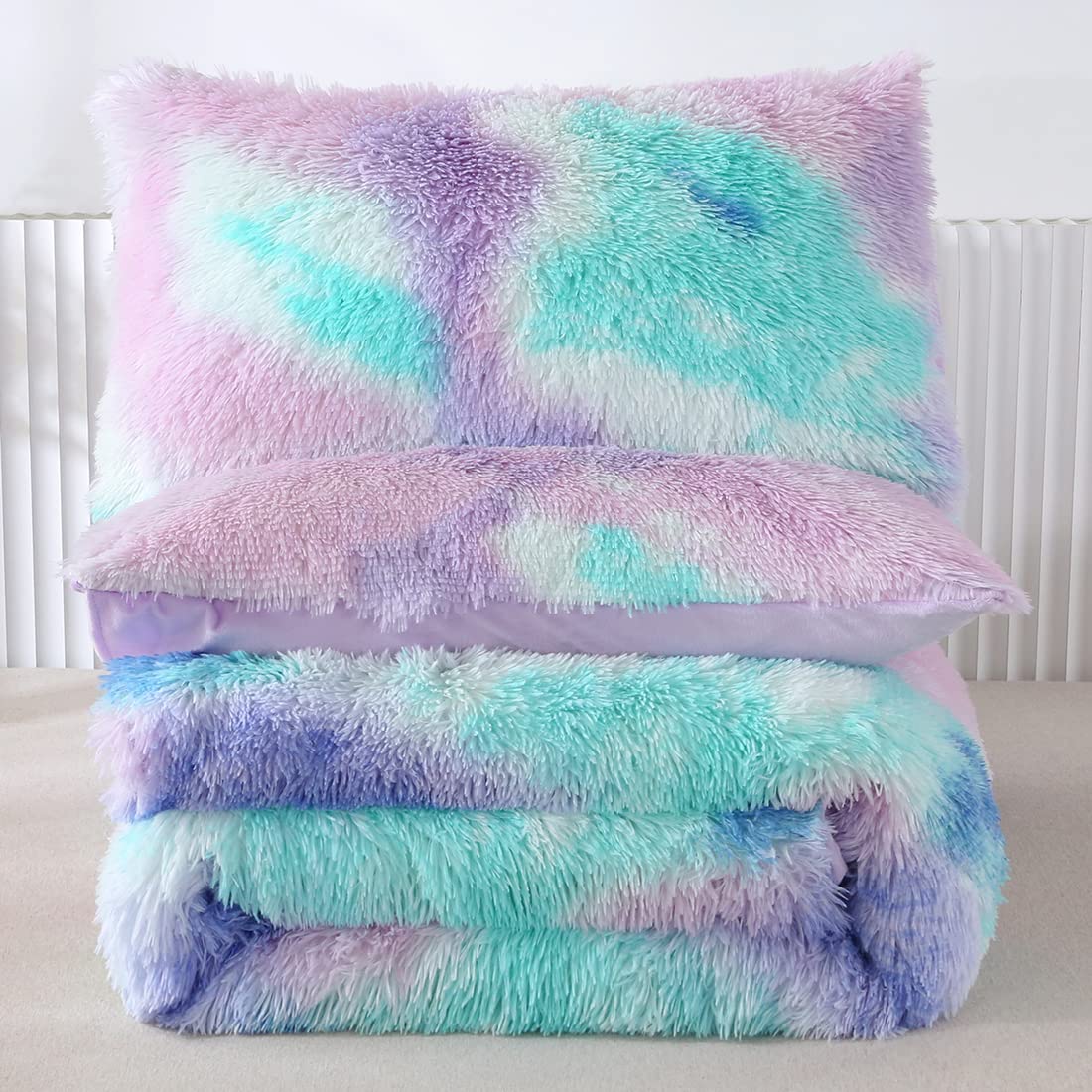 WINLIFE Faux Fur Comforter Set Queen Size for Girls Tie Dye Plush Shaggy Winter Long Hair Fuzzy Fluffy Bedding Soft Warm Bed Sets (3Pcs, Queen, Teal Purple)