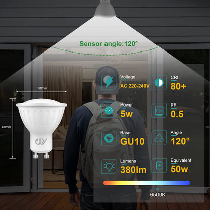 GY GU10 LED Light Sensor Lamp 6500K Cool White Bulbs, 5W 380lm Replaces 40W Bulb, Automatic On/Off, Beam Angle 120°, Not Dimmable, 2 PCS