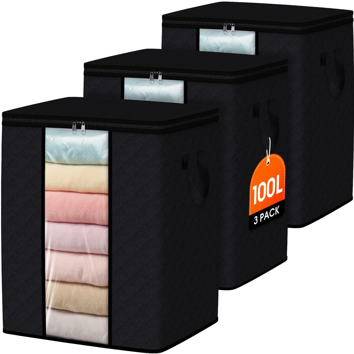 SpaceWhisper 3 Pack 100L Clothes Storage, Foldable Thick Fabric Blanket Storage Bags, Containers for Organizing Bedroom, Closet, Clothing, Comforter,Closet Organization with Handle,Black