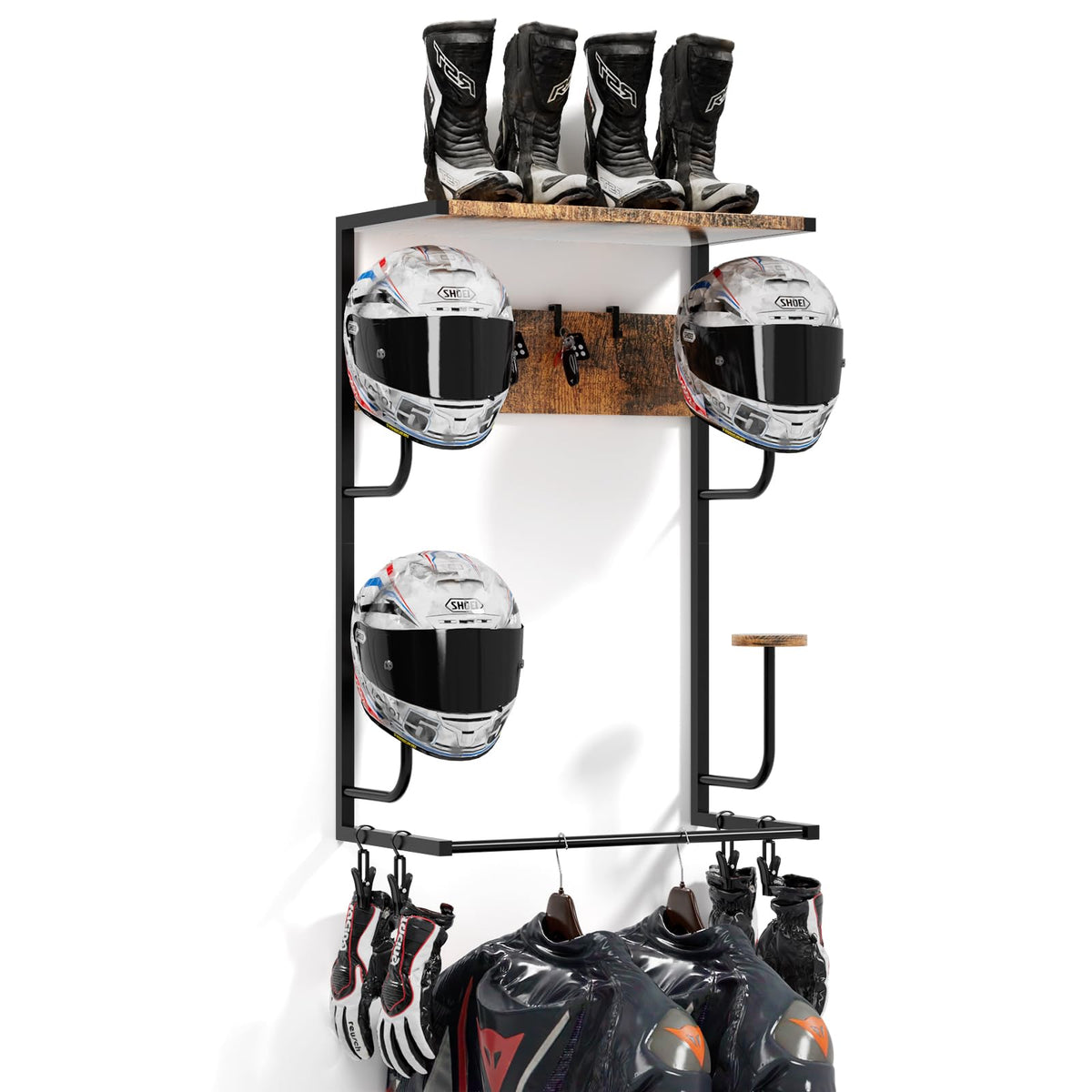 OMISRUIS Motorcycle Helmet Holder Wall-Mounted Helmet Rack with 4 Glove Chips& Hooks - Rustic Bike Helmets Storage Organizer, Universal Wall Mount for Helmets, Gear, Clothes, Accessories，Retro