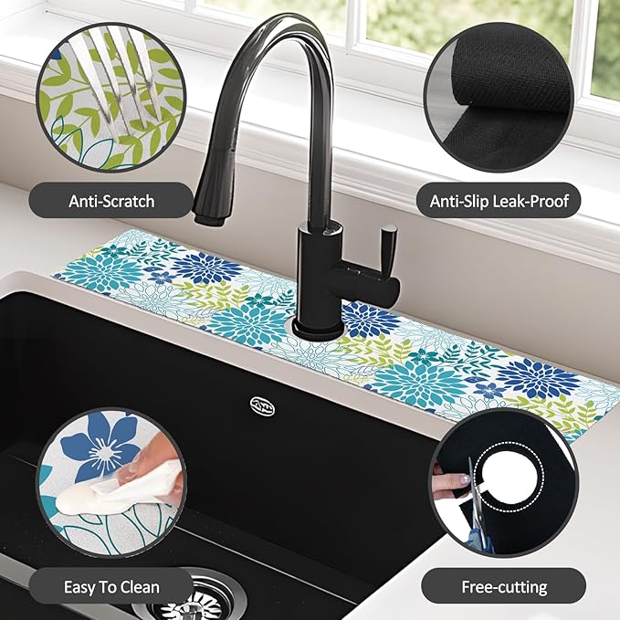 24" X 5.5" Kitchen Sink Splash Guard Faucet Mat Flora Super Absorbent Fast