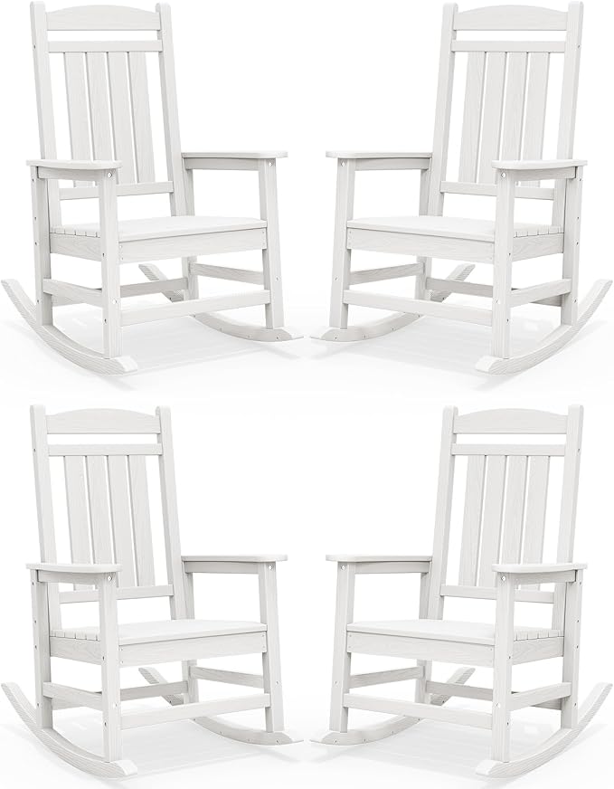 SERWALL Outdoor Rocking Chairs Set of 4, Oversized HDPE Porch Rockers for Adults, All-Weather Composite Patio Rocking Chairs, White