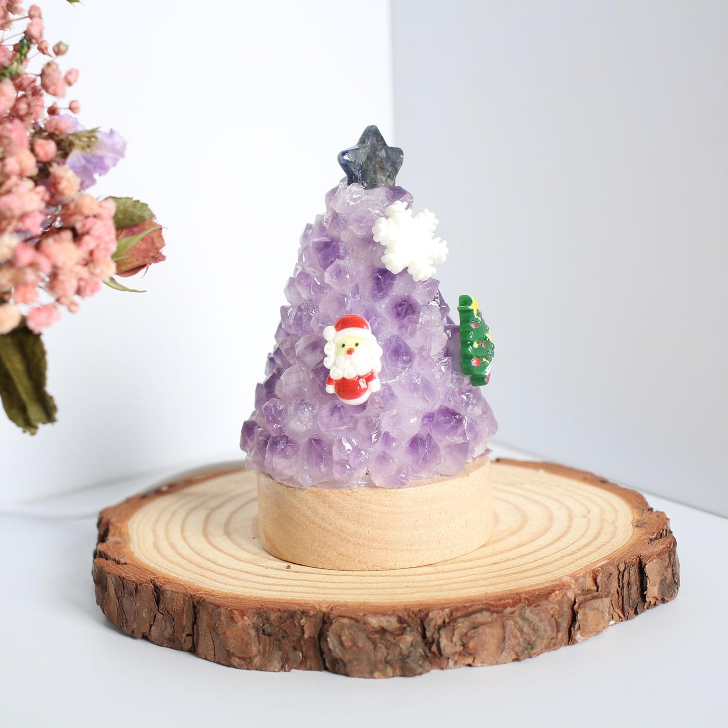 Youhot Natural Amethyst Crystal Tree Lamp - Healing Gemstone Pine Tree LED Night Light, 3.7 Inch Small Table Lamp with Wooden Base, Spiritual Home Office Decor, Zen Meditation Gift for Women & Men