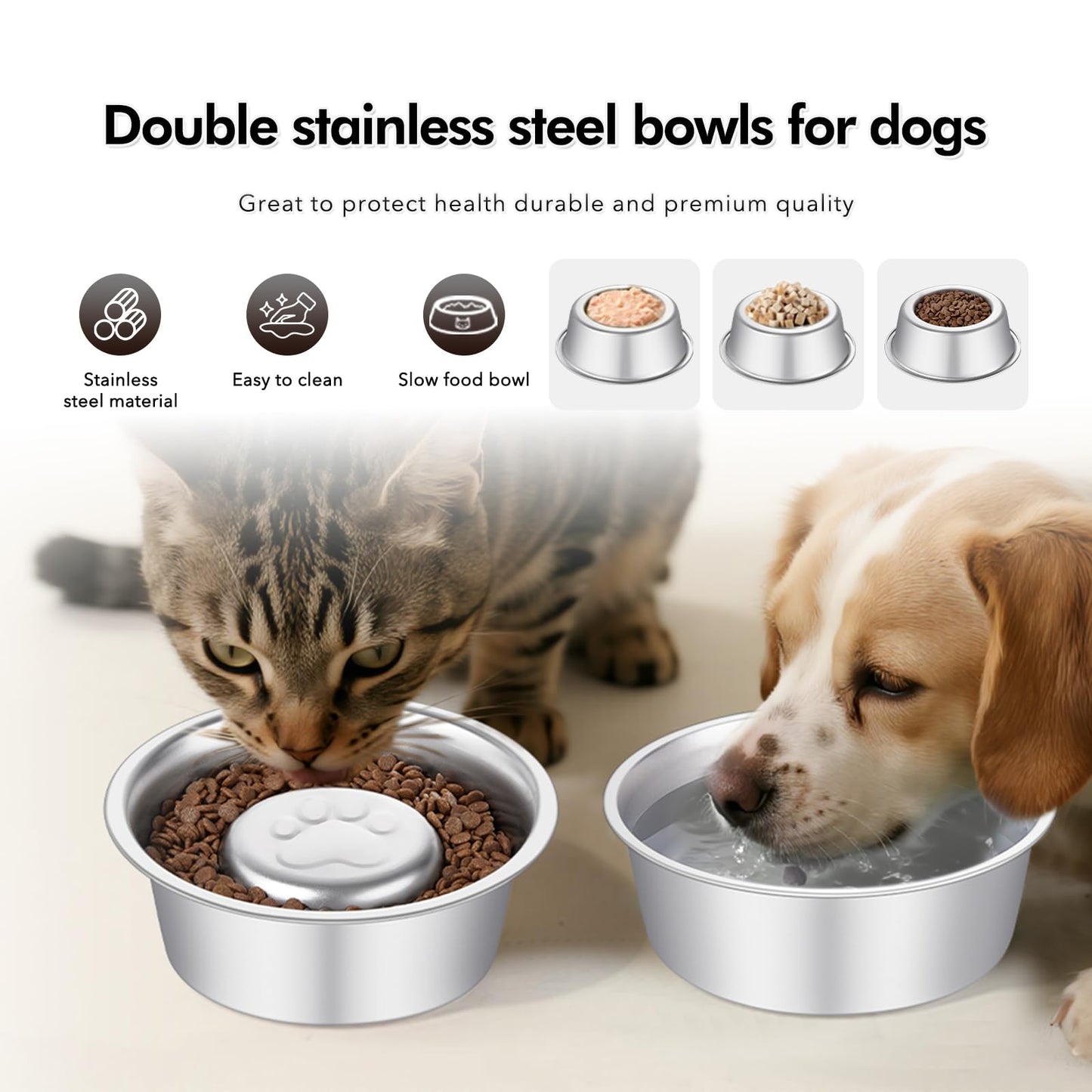 Premium Stainless Steel Pet Bowls with Cute Paw Design, Non-Slip Dog & Cat Food Water Bowls, Durable & Easy-to-Clean Feeding Dishes for Small/Medium Pets, Set of 2 pet-Bowls, Raised-pet-Bowls
