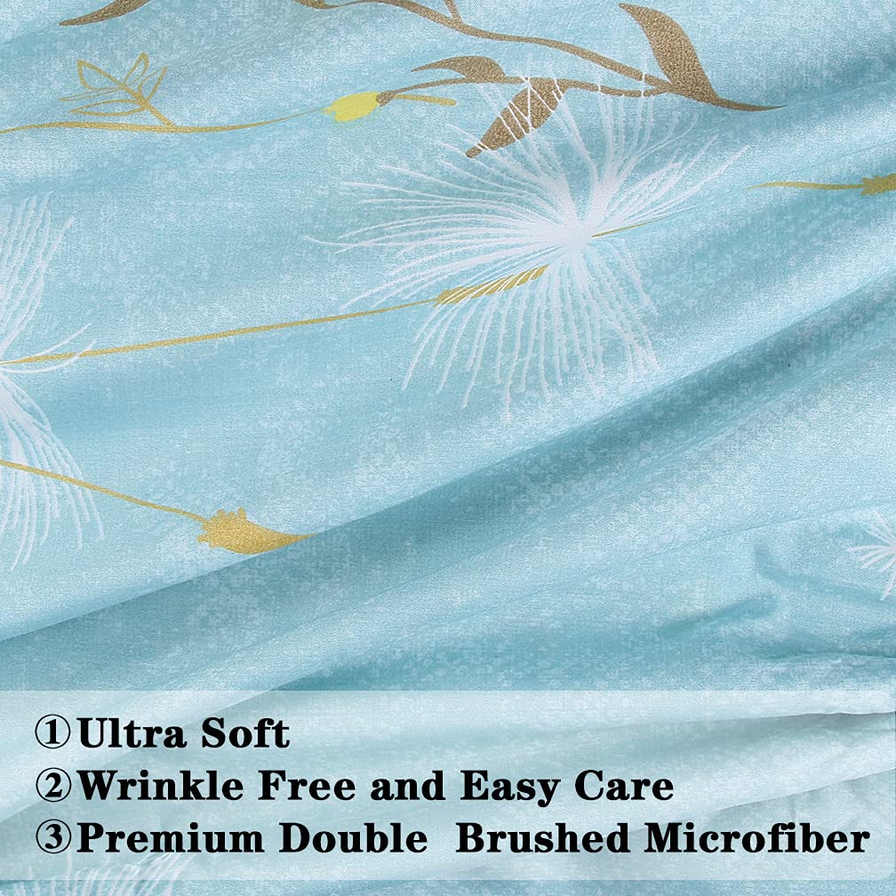 JSD Dandelion Floral Print Sheet Set Queen, 4 Piece Soft Botanical Microfiber Sheets Deep Pocket
