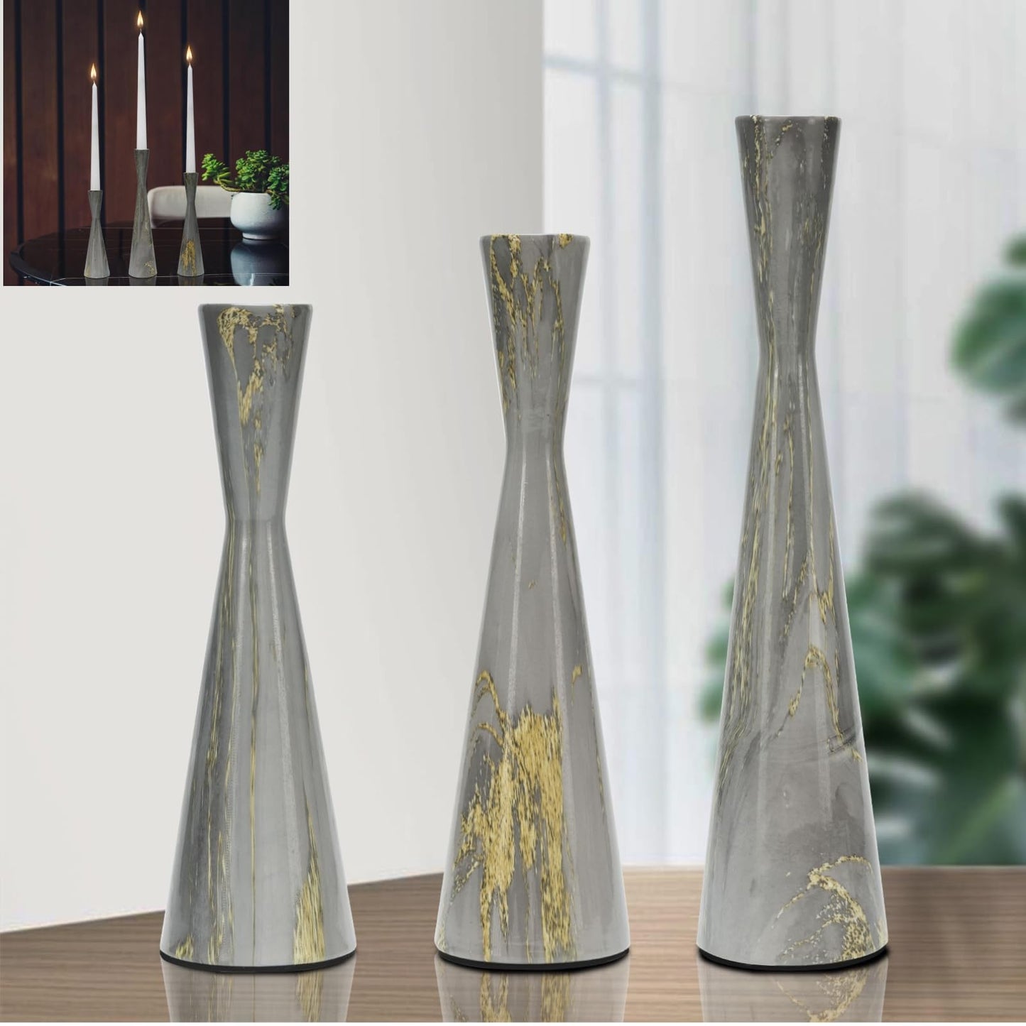 Threeight Metal Taper Candle Holders Set of 3 for Pillar Candles, Grey Marble Pattern Candle Stick Set Modern Decorative Centerpiece for Table Mantel,Wedding Housewarming Present,Dinning Party