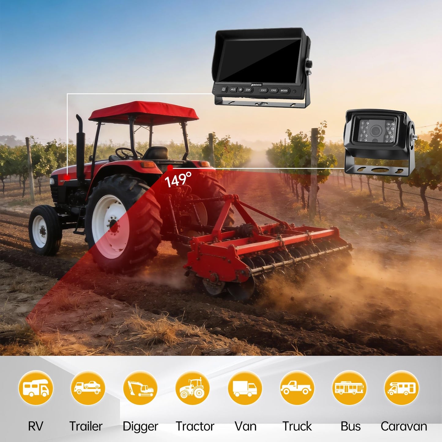 7" AHD Backup Camera System, IP69K Heavy‑Duty Reverse Rear View Camera with Guide Line, Night Vision, 20G Vibration‑Proof, Plug and Play for Truck/RV/Trailer/Tractor/Excavator/Heavy Equipment