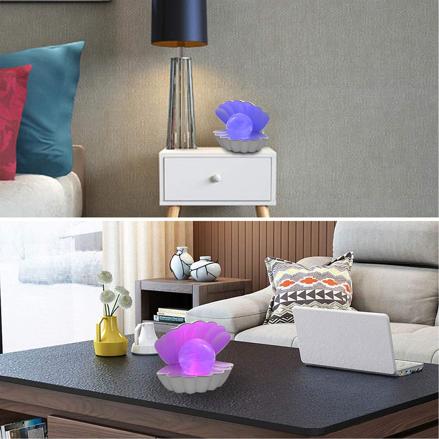 LKUA Shell Pearl Beach Themed Night Light, RGB 8 Colors Changing Mood Shell Pearl Lamps, Bedside LED Clamshell Portable Night Lights for Bar (White)