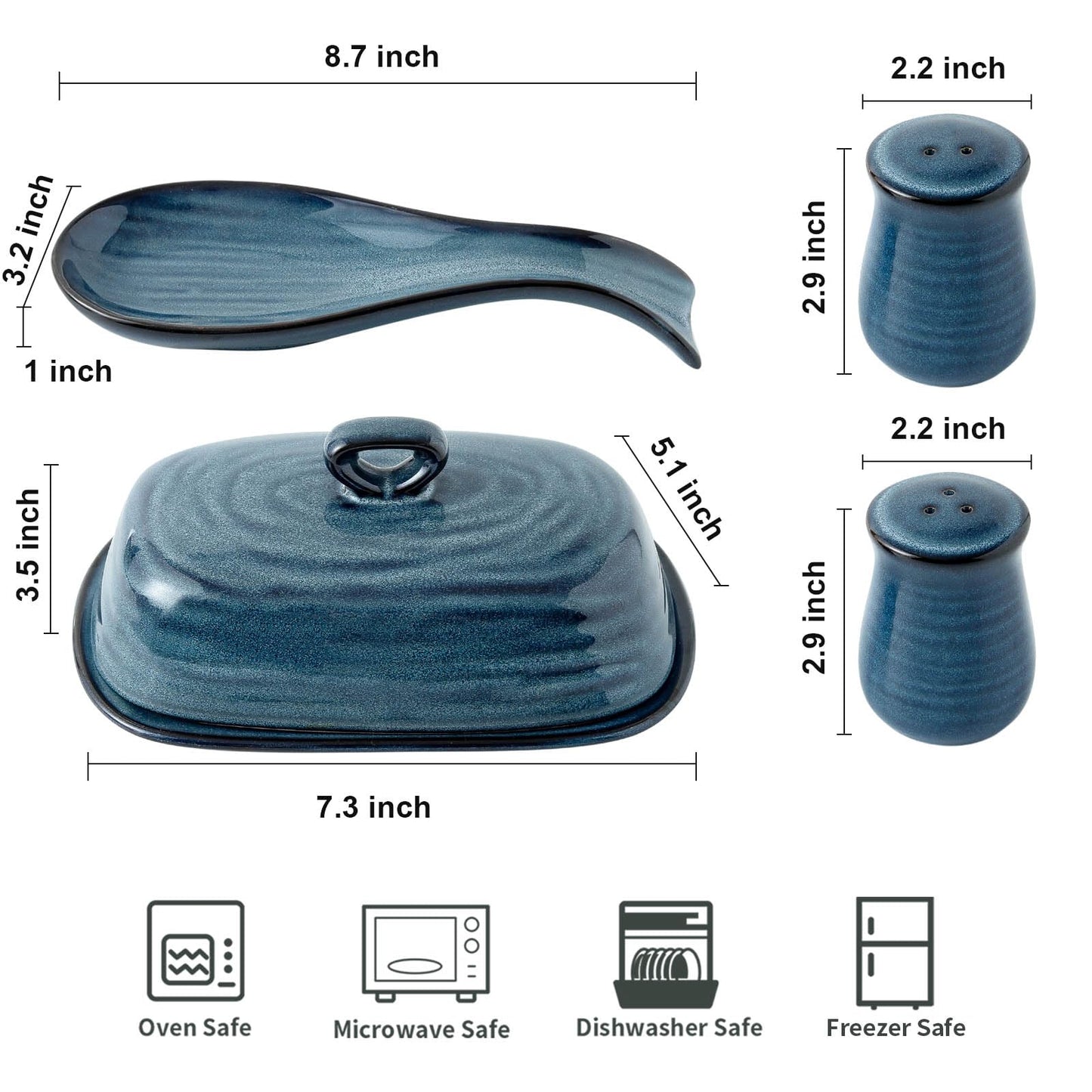 Hasense Ceramic Butter Dish and Spoon Rest, Salt and Pepper Shakers 4 in 1 Set, 7.3 Inch Butter Dish with Lid and 8.7 Inch Spoon Holder for Stove Top, 2.2 Inch Salt Shakers for Kitchen Cooking, Blue