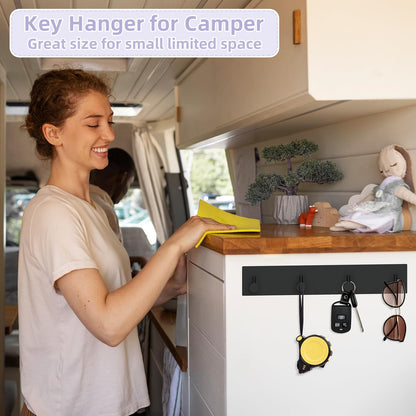 VIS'V Key Holder Wall Mount, Large Metal Self Adhesive Key Hanger with 4 Hooks, No Drilling, Extra Adhesive Strip, Black