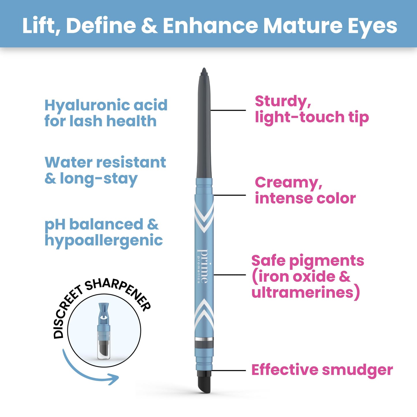 Prime Prometics PrimeEyes Glide Eyeliner for Mature Women – Water-Resistant, Long-Stay and Mess-Proof – Gel Cream Texture, Discreet Sharpener and Effective Smudger (Wood (Brown))