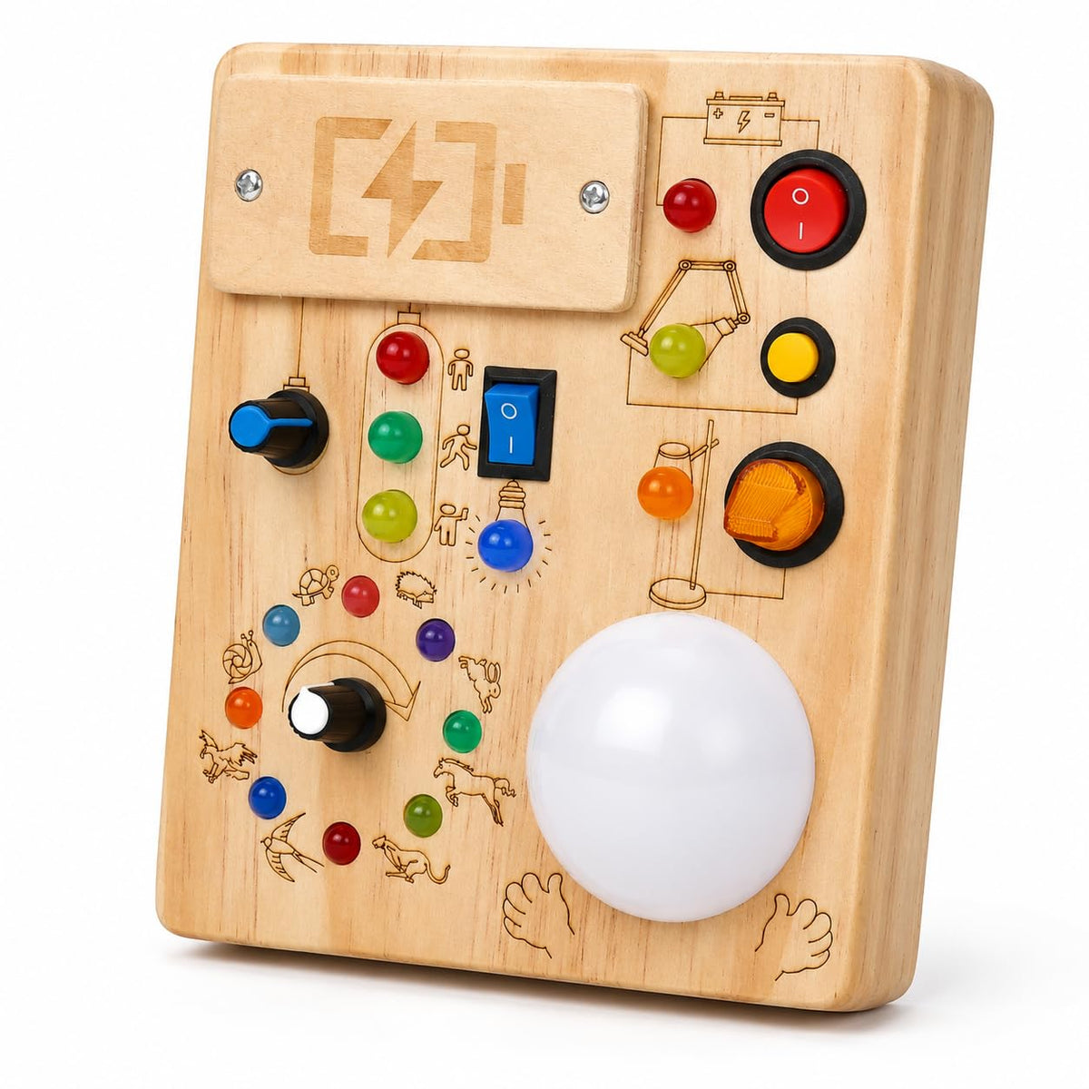 IRUPEN Montessori Busy Board for Toddlers 1-3 Year Old, Sensory Activity Toys for Baby Aged 1 2 3 Years Old with LED Light Switches, Wooden Travel Toys for Boys Girls Gift (Tap Light Busy Board)