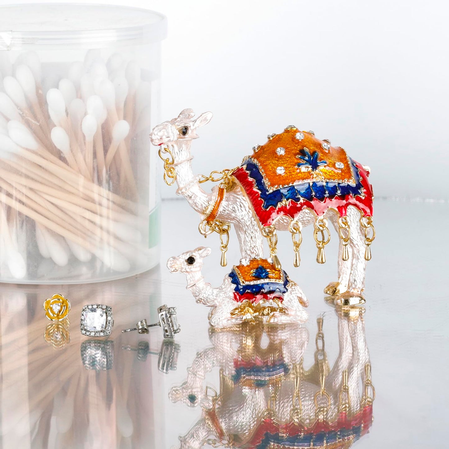 SEVENBEES Hand-Painted Mother-Son Camels Hinged Trinket Box Decoration - Unique Animal Figurine Collectible Gift with Enameled Crystals,Rings, Earrings Storage for Home Decor