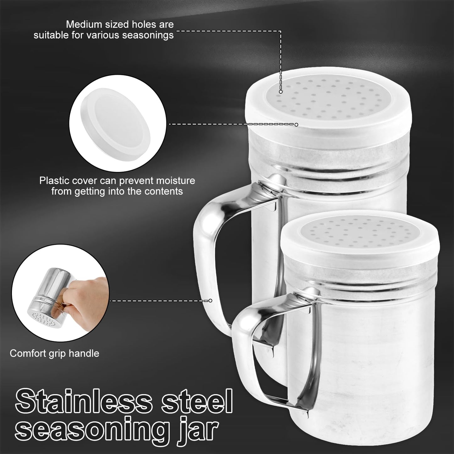 BXUYAOXMC 4 Pcs Stainless Steel Salt and Pepper Shakers Set, 10oz & 14oz Spice Shakers with Handle and Airtight Lid, Large Holes for Powdered Sugar, Flour, Cheese, BBQ Rubs – Kitchen Storage