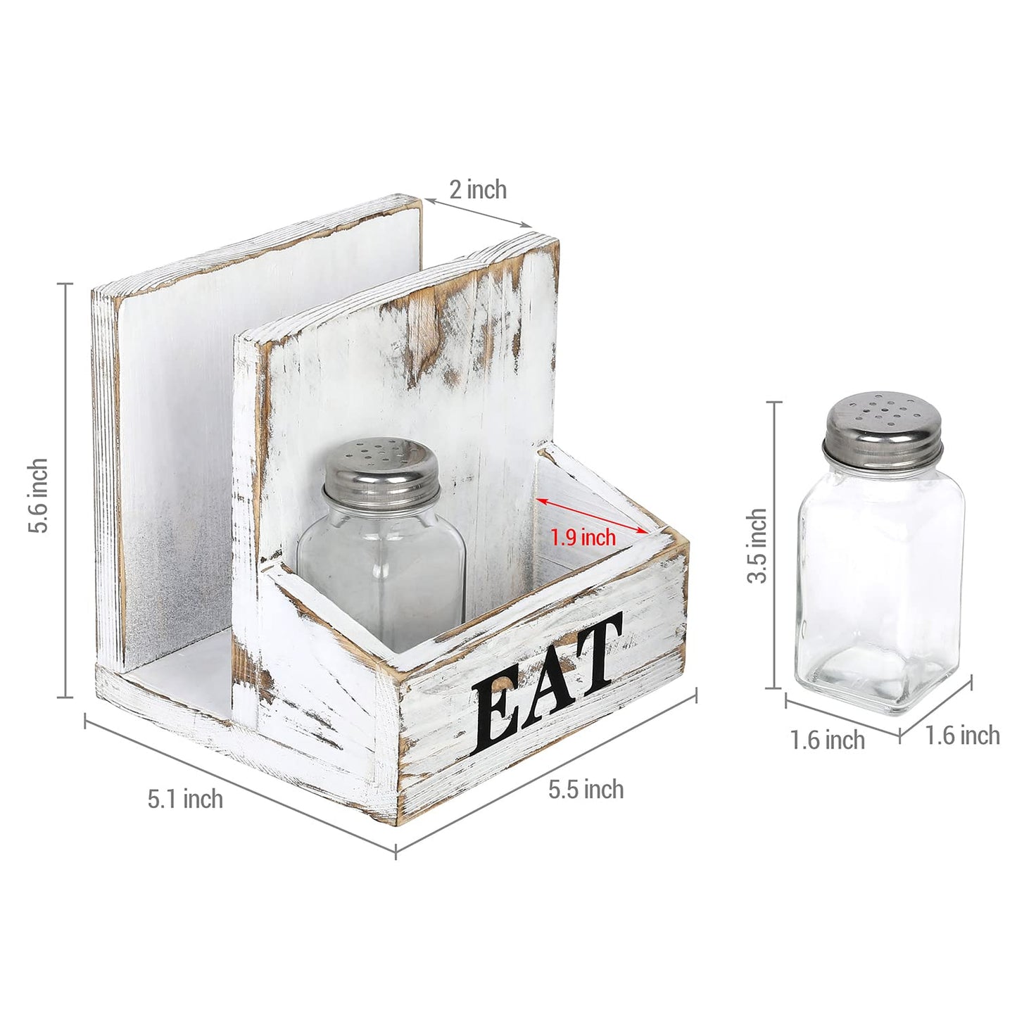 MyGift Napkin Holder for Table, Wood Napkin Holder with Salt and Pepper Shakers Set, Condiment Caddy with Bold Black Printed EAT Design, Standing Paper Napkin Storage for Kitchen Dining Table Decor