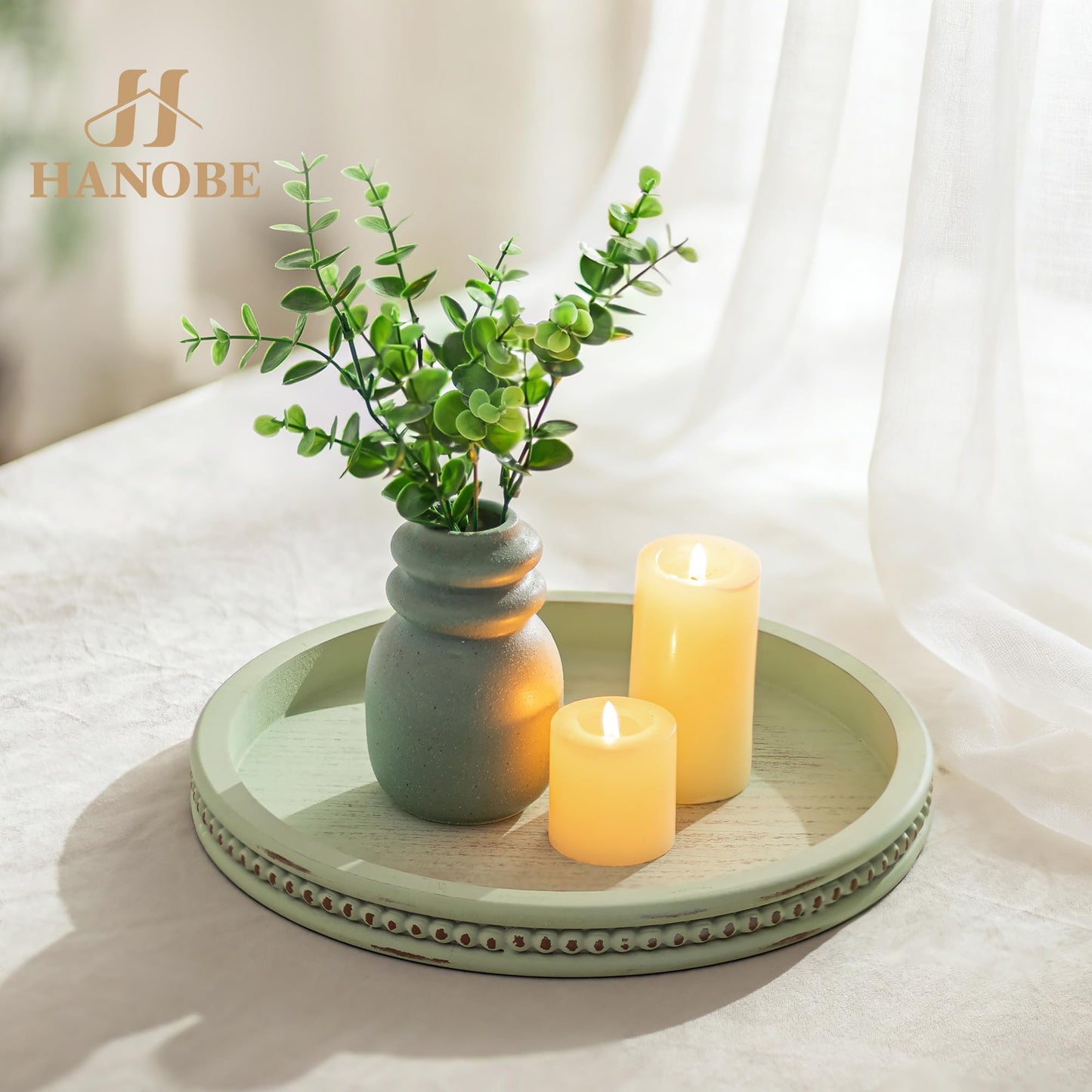 Hanobe Sage Green Tray Decor: Round Decorative Tray for Coffee Table Centerpiece - Wooden Candle Plate Holder for Rustic Farmhouse Home Living Room Kitchen Counter