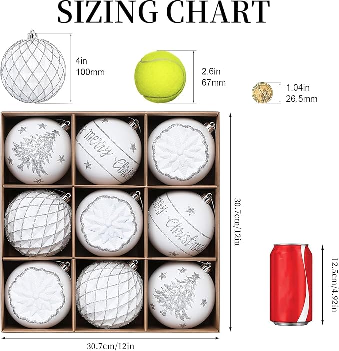 SHareconn 100MM/4 Inch 9PCS Large Christmas Balls Ornaments, Shatterproof Plastic Hanging Big Baubles Set for Xmas Tree Decoration Holiday Party Wedding Decorations with Hook, White and Silver