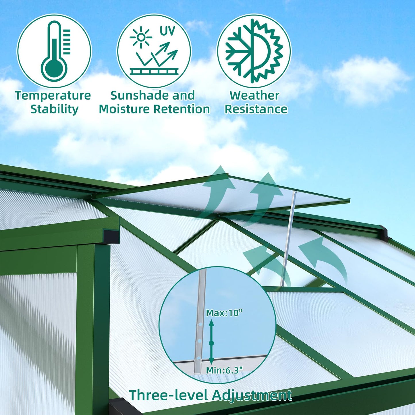 GAOMON 6 x 8 ft Greenhouse for Outdoor with Sliding Door, Green House with Polycarbonate Panel & Ajustable Roof Vent & Ground Nails, Walk-in Aluminum Greenhouses for Garden, Patio
