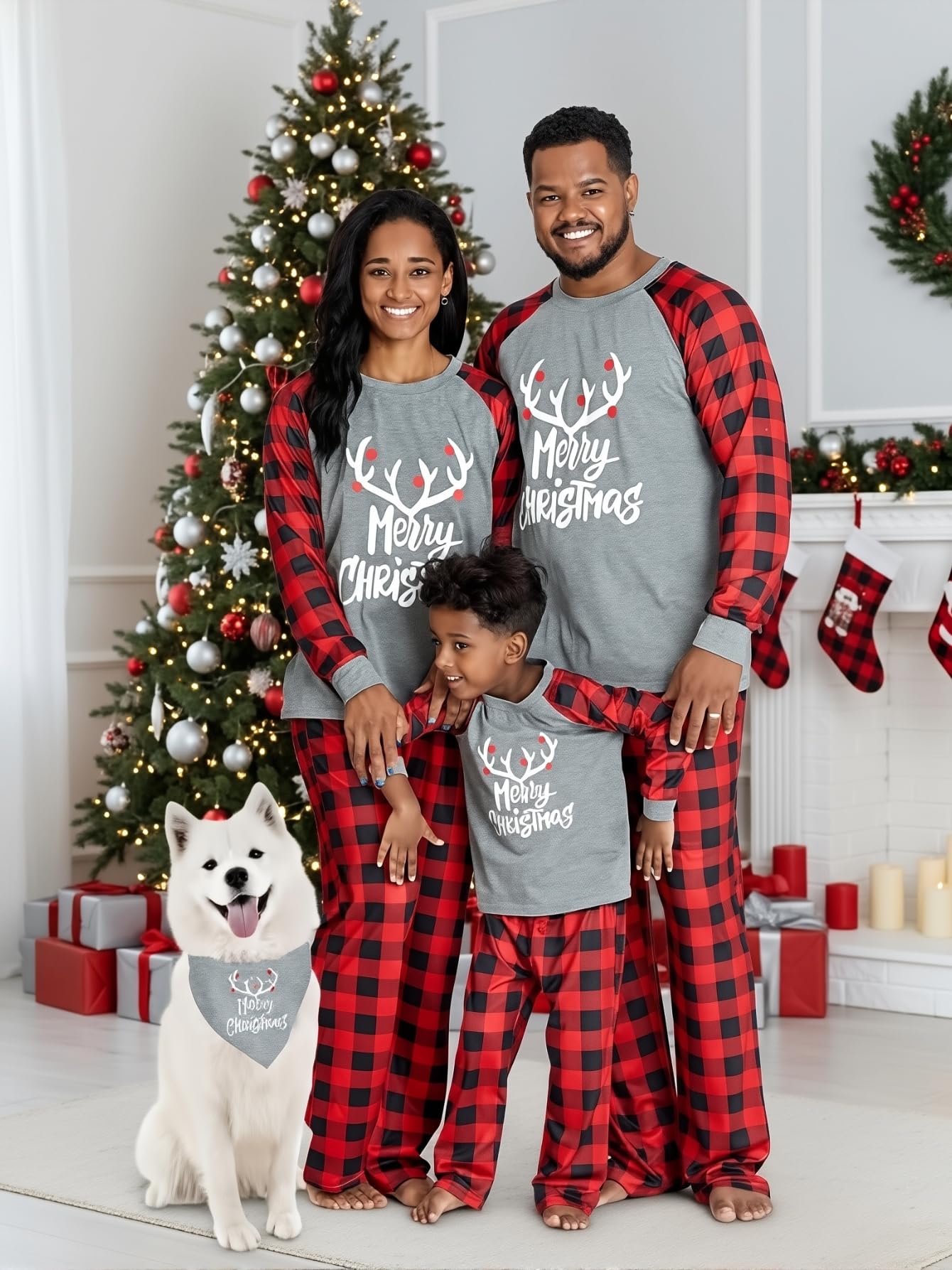 IFFEI Matching Family Pajamas Sets Christmas PJ's with Letter and Plaid Printed Long Sleeve Tee and Bottom Loungewear 6-7 Years Grey