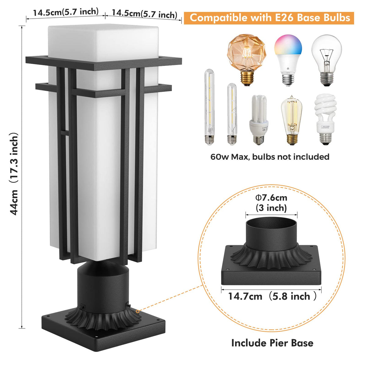 Yoenecea Outdoor Post Light Fixture - Aluminum Lamp Posts Outdoor Lighting, Outdoor Lightpost Lantern with 3-Inch Pier Mount Base Outside Pole Lighting for Porch Garnden (17.3''H, 1 pc)