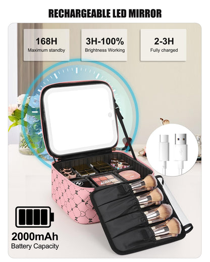 Relavel Travel Makeup Bag With LED Mirror, Cosmetic Train Case with Light up Mirror, Portable Makeup Artist Organizer Bag with Adjustable Dividers, Makeup Brush Holder Storage, Black