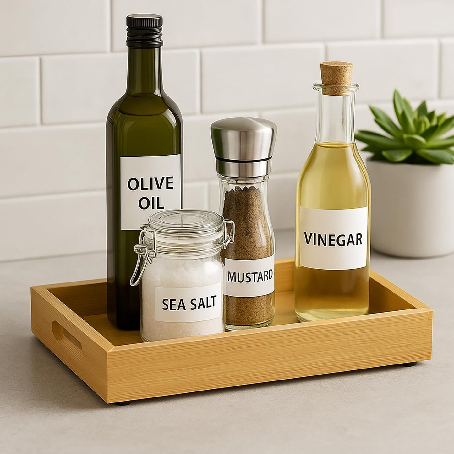 PPDVUUT Tray for Oil Bottles Kitchen Counter – Bamboo Organizer with Handles, Waterproof Coating & Non-Slip Feet, 13×8 Inch Condiment Holder for Spices, Sauces & Seasoning Jars