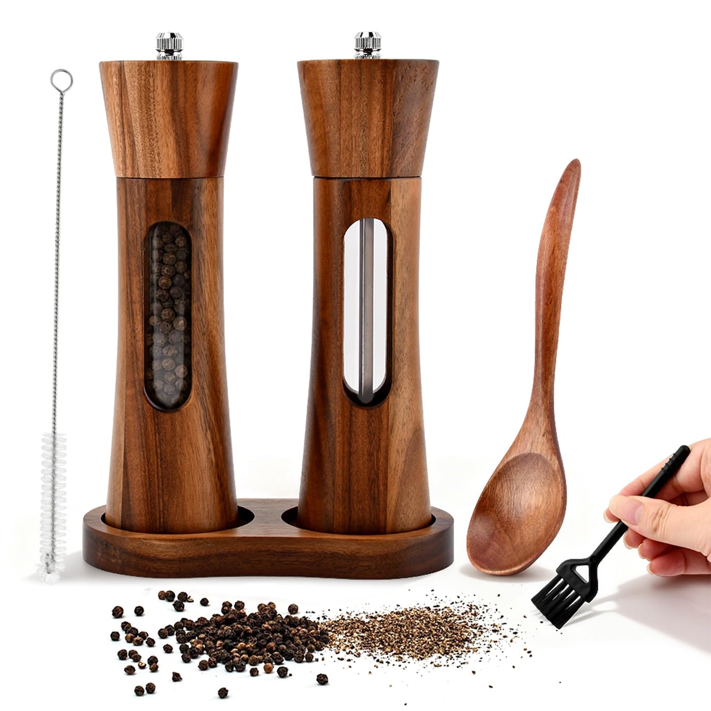 2Pack Wooden Salt and Pepper Grinder Set, 8-Inch Refillable Manual Salt and Pepper Mills with Clear View Window, Wood Shakers with Ceramic Grinder & Wooden Stand, Adjustable Coarseness