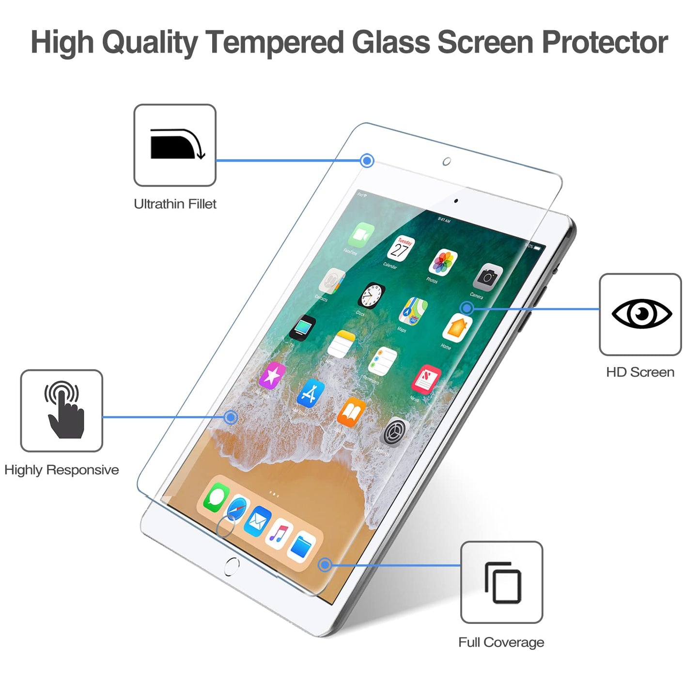 ProCase 2 Pack Screen Protector for iPad 9th 8th 7th Generation 10.2 Inch (2021/2020/2019), Tempered Glass Film for A2602 A2603 A2270 A2197 -Clear