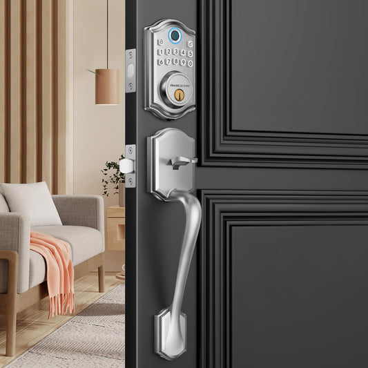 Keyless Entry Door Lock with Handle Set - Fingerprint Door Locks, Electronic Keypad Deadbolt, Smart Locks for Front Door, Auto-Lock & One Touch Locking, Easy Installation - Satin Nickel