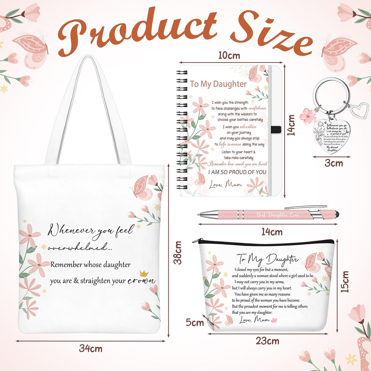 Gaillty 5 Pcs Gifts for Women, Inspirational to My Daughter Mothers Day Gift with Tote Bag, Makeup Bag, Notebook, Ballpoint Pen & Keychain Congratulations Graduation Wedding Gift from Mom Dad