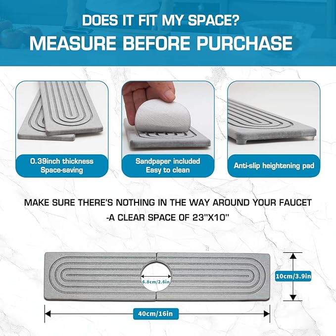 Faucet Mat for Kitchen Sink, Diatomite Quick Drying Tray, Long 23.6'' Kitchen