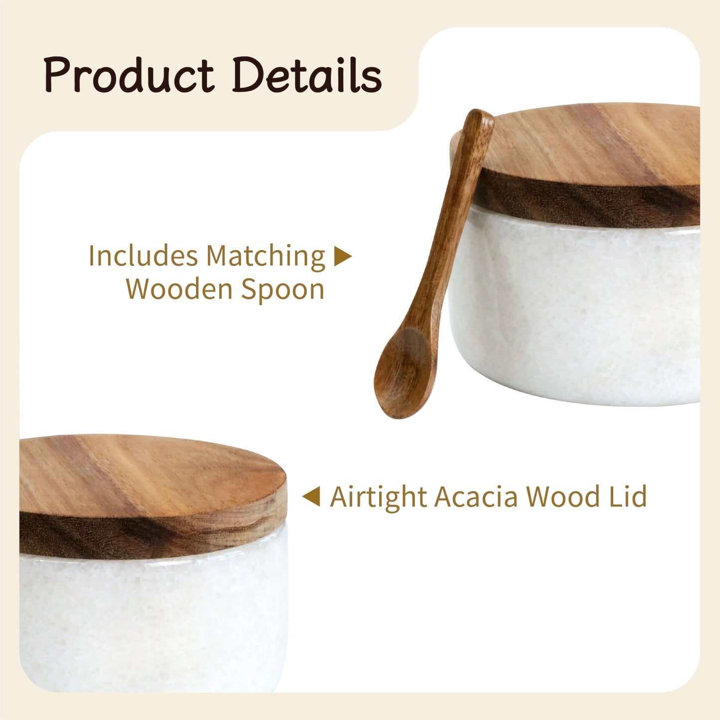 seicasaya Marble Salt Cellar with Acacia Wood Lid and Spoon – 4-inch Salt Box with Spoon Slot, Kitchen Spice Container for Salt, Sugar, or Spices (White)