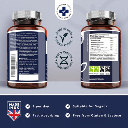 Magnesium Supplements 5-in-1 Complex 1146mg - 240 Vegan High Strength Capsules - 400mg Elemental Magnesium - Bis Glycinate, Citrate, Malate, Oxide, Ascorbate - Muscle Support & Sleep Aid - Nutravita