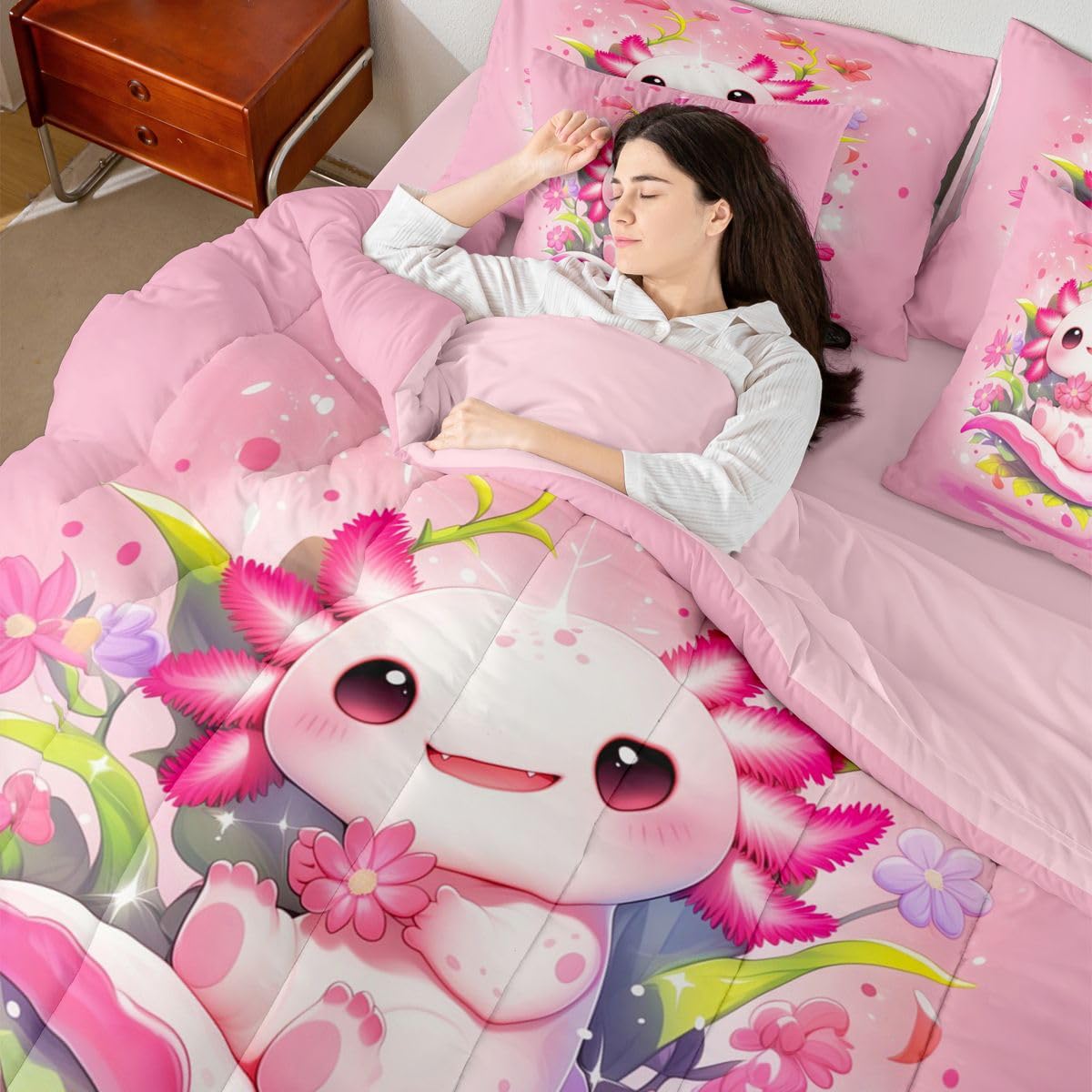 Girls Cute Axolotl Queen Bedding Set Kids Pink Floral Axolotl Comforter Set with Flat and Fitted Sheet Teens Girly Spring Petals Blossom 7-Piece Bed in a Bag Princess Dreamy Cartoon Animal Quilt Sets