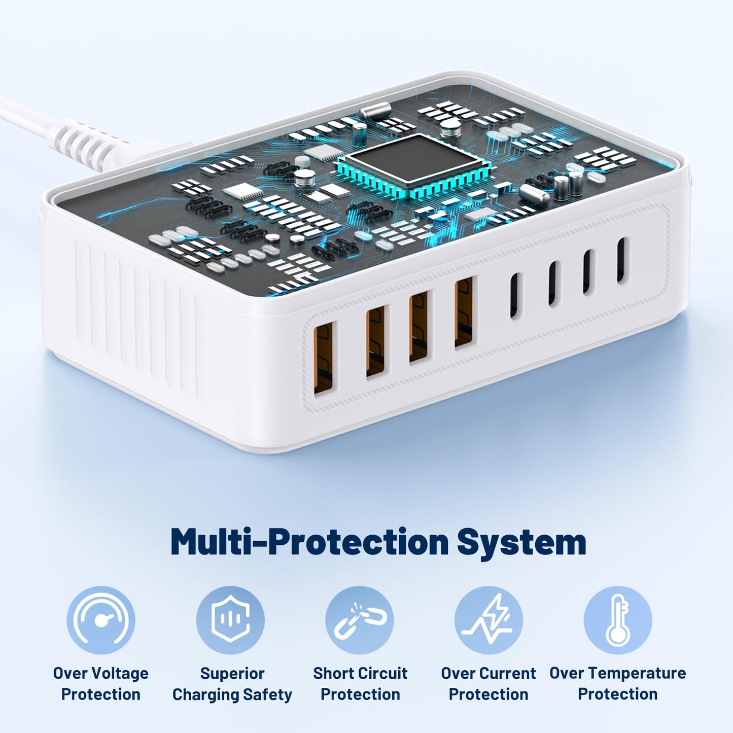 Essri 8-Port USB C Charging Station,65W GaN USB C Charger Block,PD 3.0 Desktop Charger, Power Strip Adapter Compatible with iPhone 17/16/15/14,MacBook Air/Pro,DELL, iPad Pro,Galaxy and More,White
