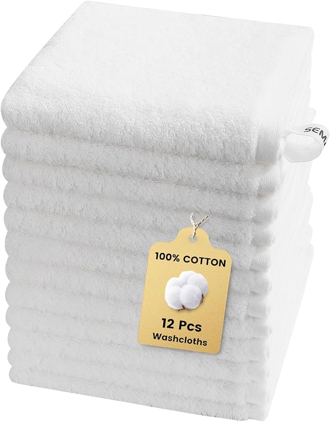 SEMAXE 100% Cotton Washcloths 12-Pack, 13 × 13 Inch Soft Luxury Face Towels –