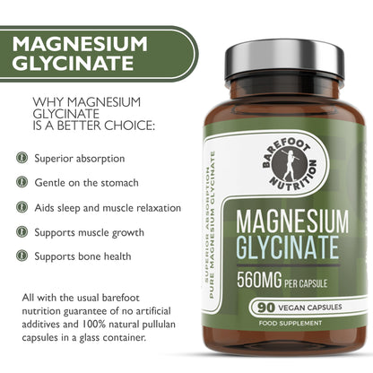 Barefoot Nutrition Magnesium Glycinate Supplement 560mg - 90 x 1-to-3 a Day Capsules. Pullulan Capsule - Superior Absorption: no Synthetic Binders or additives. Vegan & Paleo Friendly