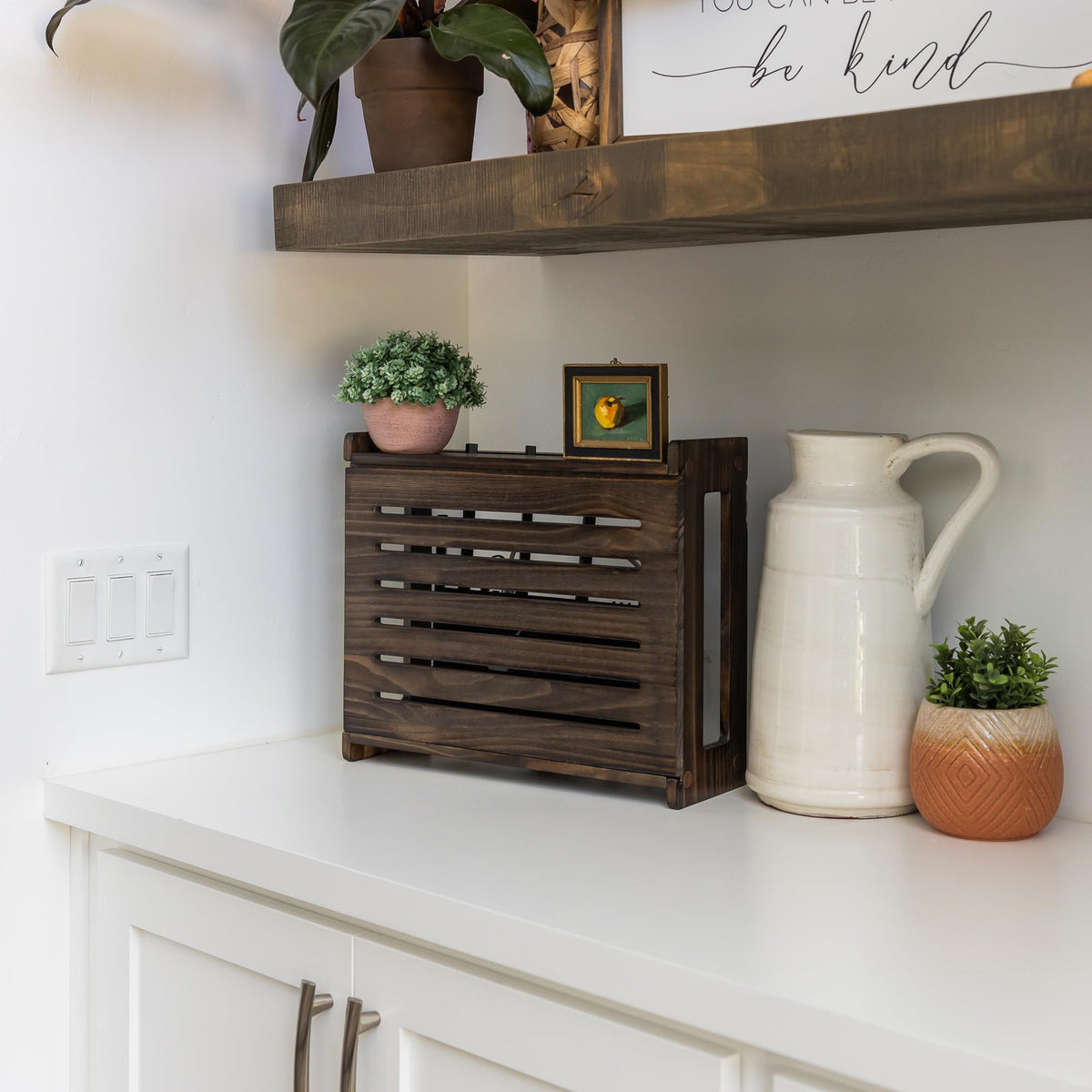 Wooden WiFi Router Storage Box - Standard Wall Mountable Decorative Modem Shelf Hider Cover with Cable Management System - Home Organization Solution for Routers Up to 11" Tall - Espresso Brown