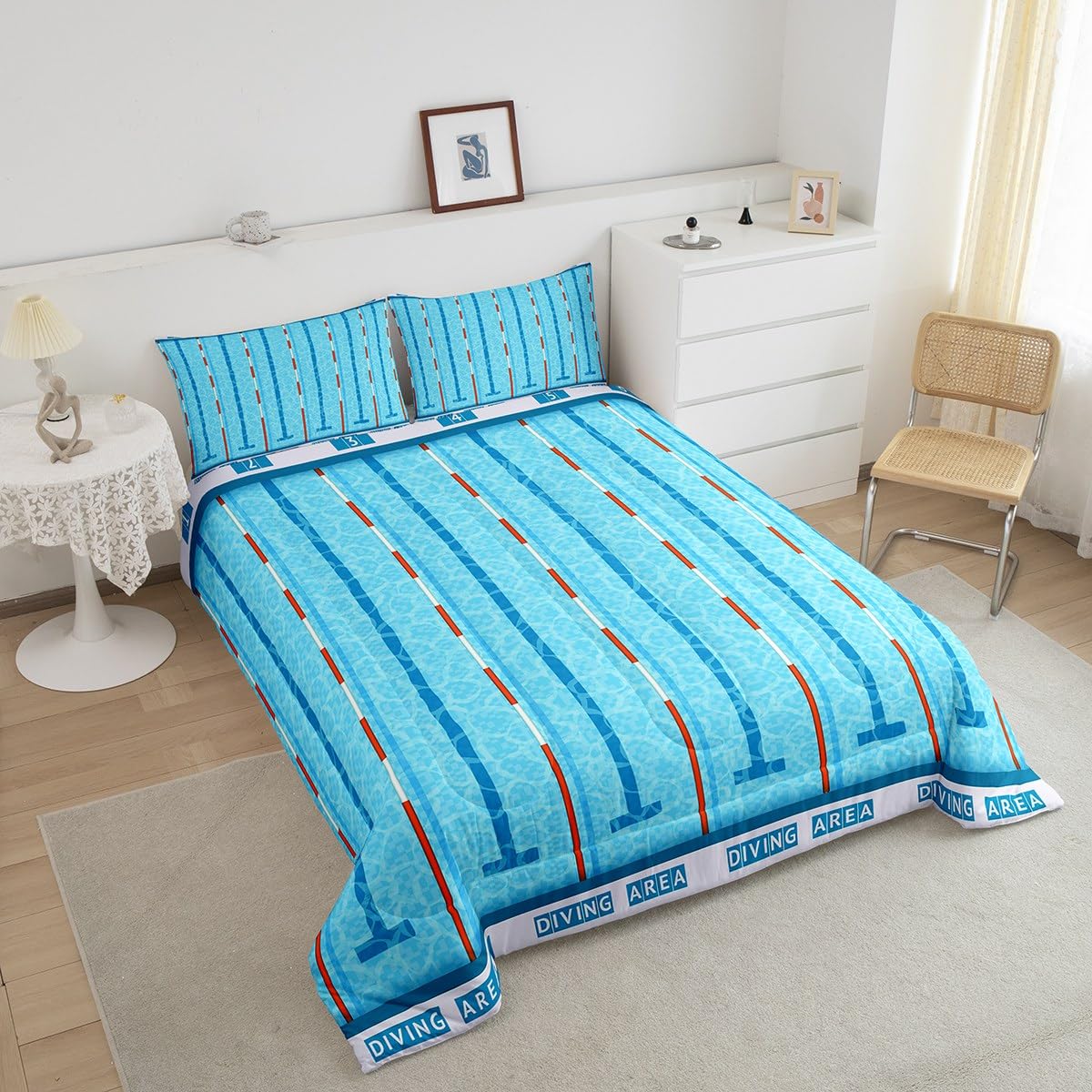Manfei Swimming Kids Comforter Set Queen Size,Swim Sports Games Modern Fashion Bedding Set,Boys Girls Adults Room Decor,Swimming Pool Chic Down Comforter,Blue Unique Duvet Insert,2 Pillowcases