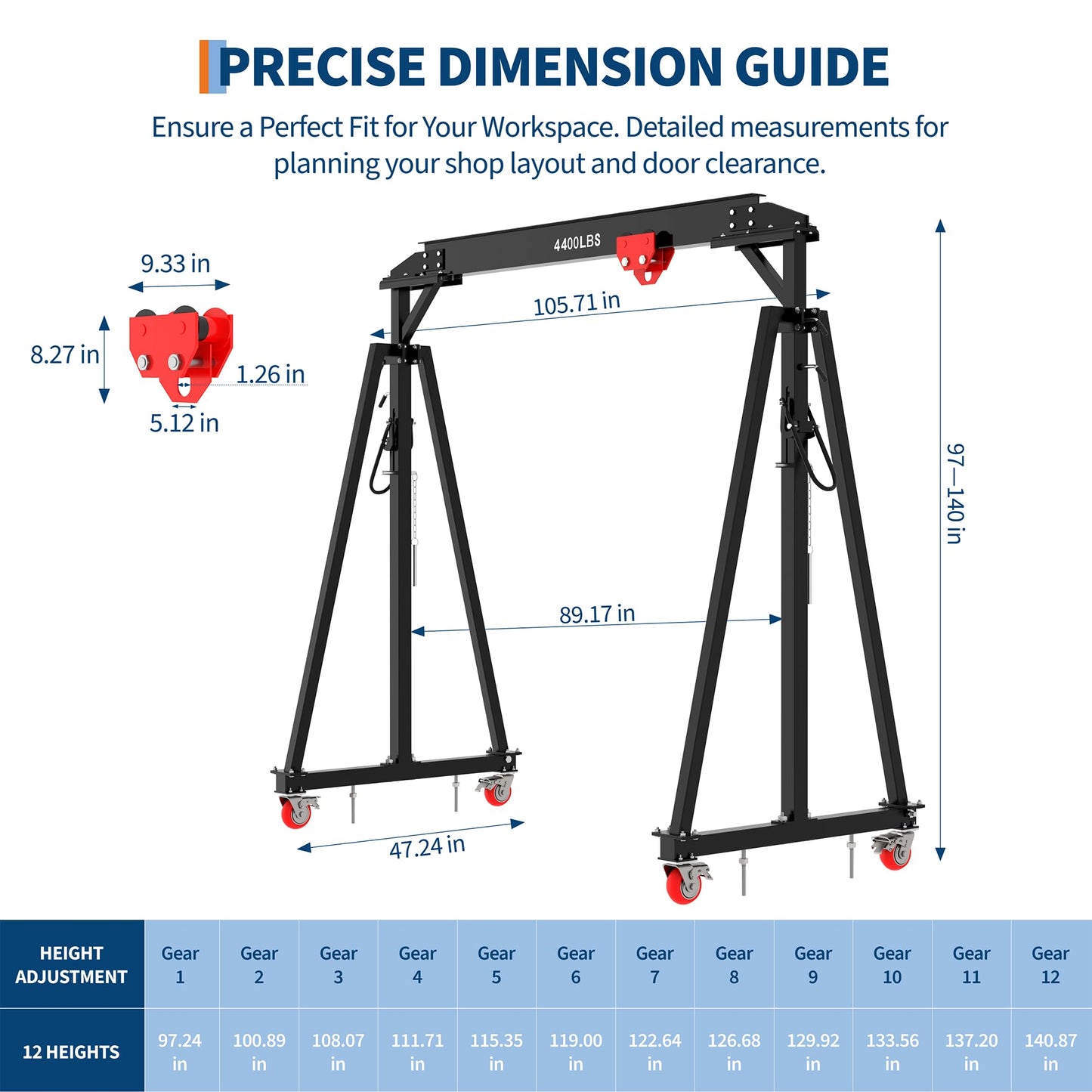 Adjustable Gantry Crane 2 Ton (4400 LBS) with Manual Trolley, Hook and Sling Strap, 12 Locking Positions (97" to 141") with Triangle Base, Portable I-Beam Hoist for Factory, Warehouse, Auto Repair